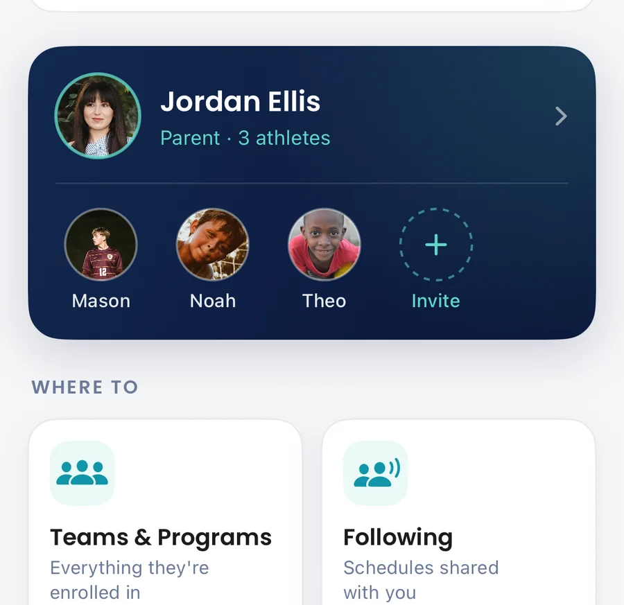 The Ellis family in MiNT: Jordan Ellis with Mason, Noah and Theo, and Teams and Programs, Following, Coach Feedback and Moments.