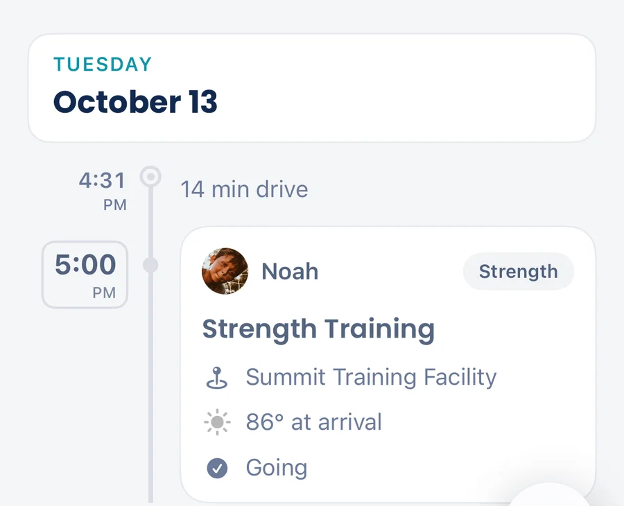 The MiNT Schedule for Tuesday, October 13: a 14 minute drive, then Noah’s Strength Training at 5:00 PM, 86 degrees at arrival, going.