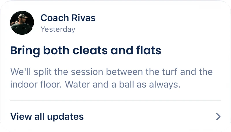 Coach Rivas’s update, Bring both cleats and flats, as it appears in MiNT.