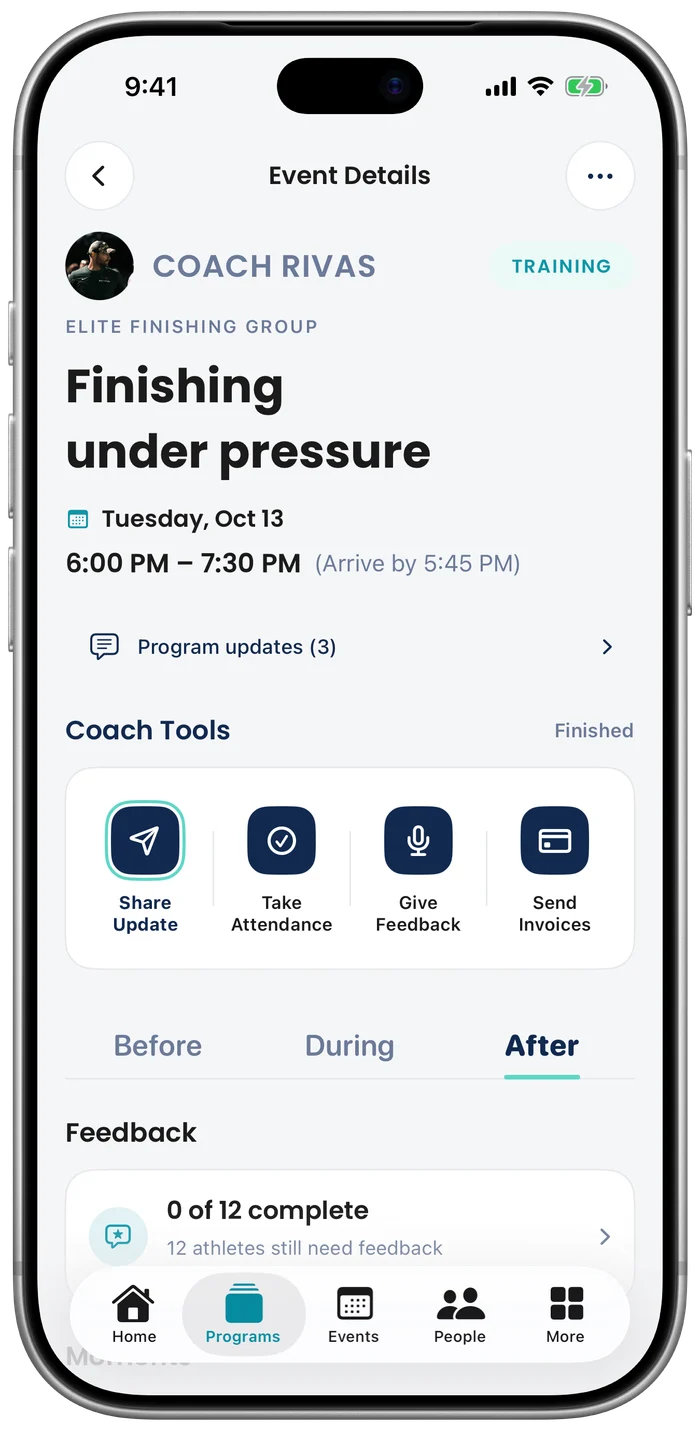 A coach’s event page in MiNT on iPhone, with Coach Tools.