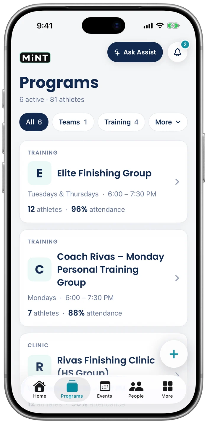The coach’s Programs in MiNT on iPhone, each with athletes and attendance.