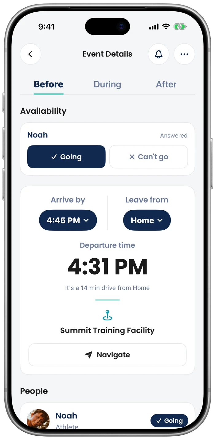 A MiNT event page on iPhone: arrive by 4:45 PM, leave from Home, departure 4:31 PM.