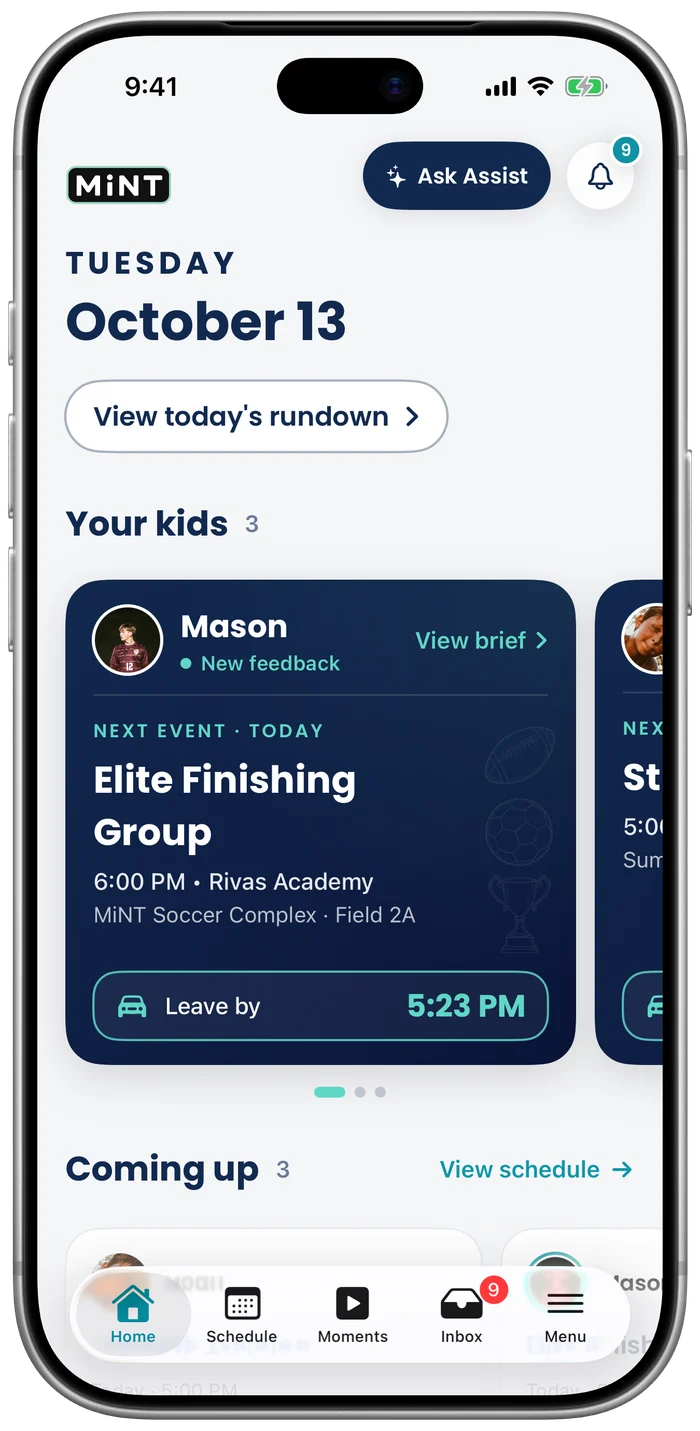 MiNT Home on iPhone: a card for each kid’s next event with the time to leave.