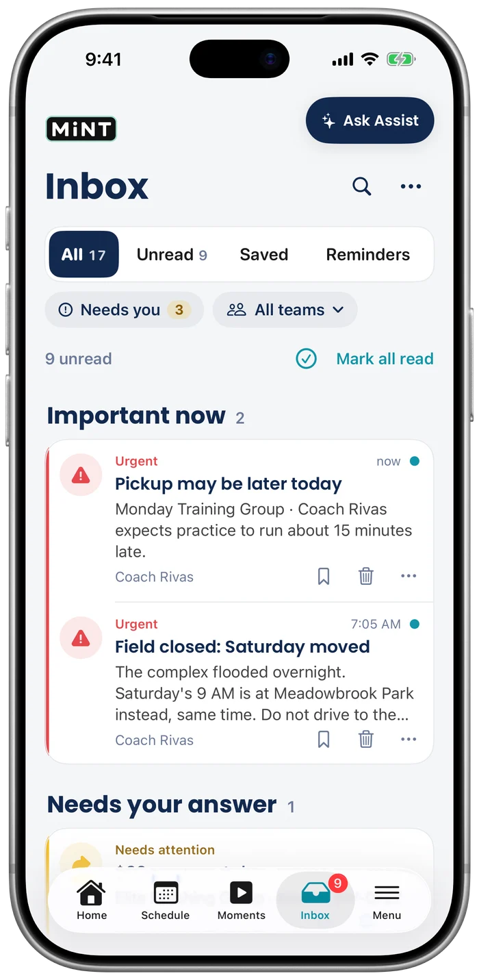 The MiNT Inbox on iPhone: important now, then what needs your answer.