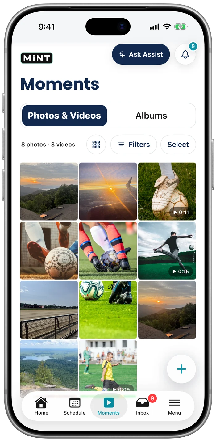 MiNT Moments on iPhone: photos and videos in a grid.