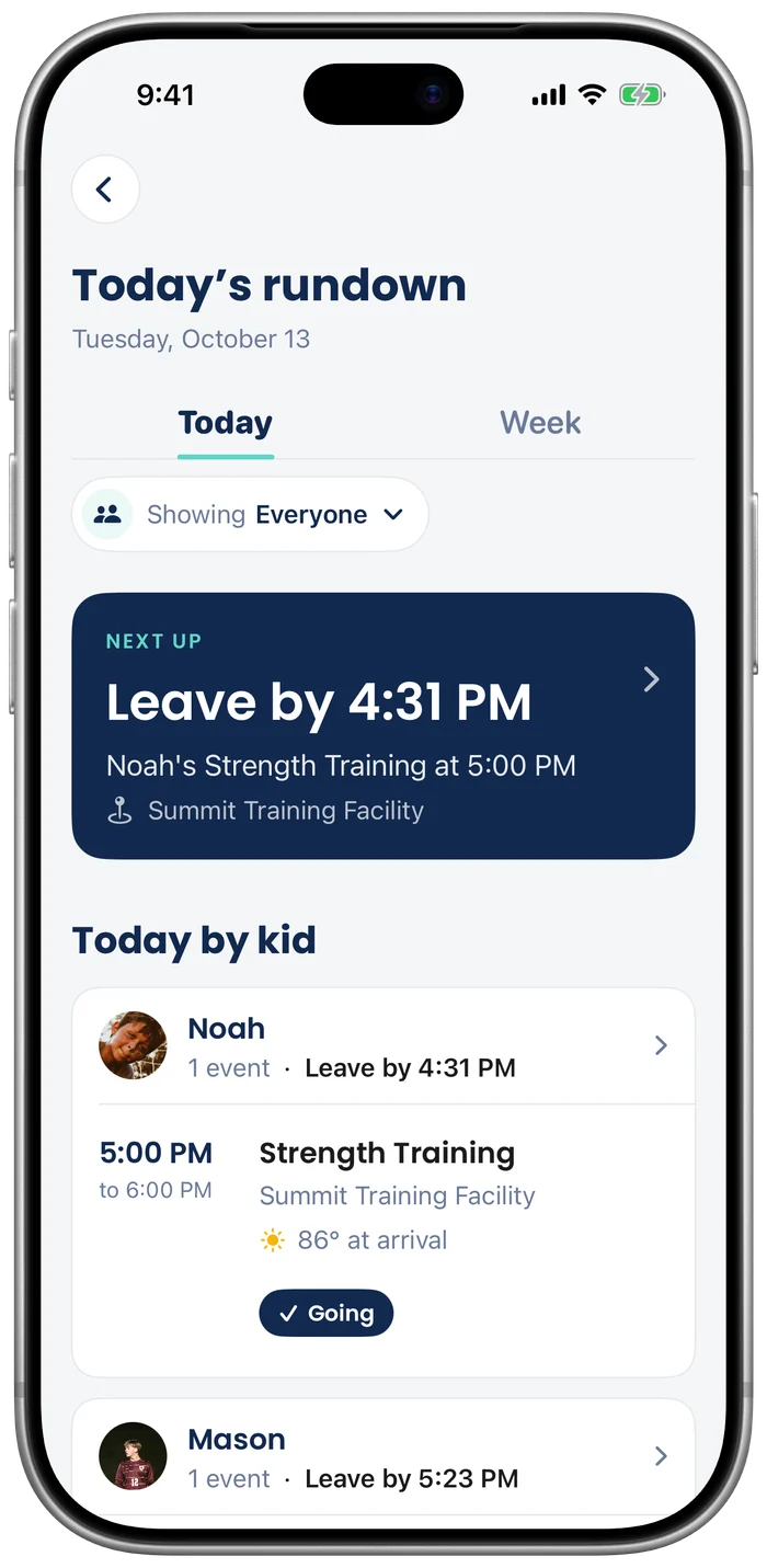 Today’s rundown in MiNT on iPhone: leave by 4:31 PM for Noah’s Strength Training.